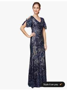 Alex Evenings Long  Sequin Dress with Cold Shoulder Flutter Sleeves 14